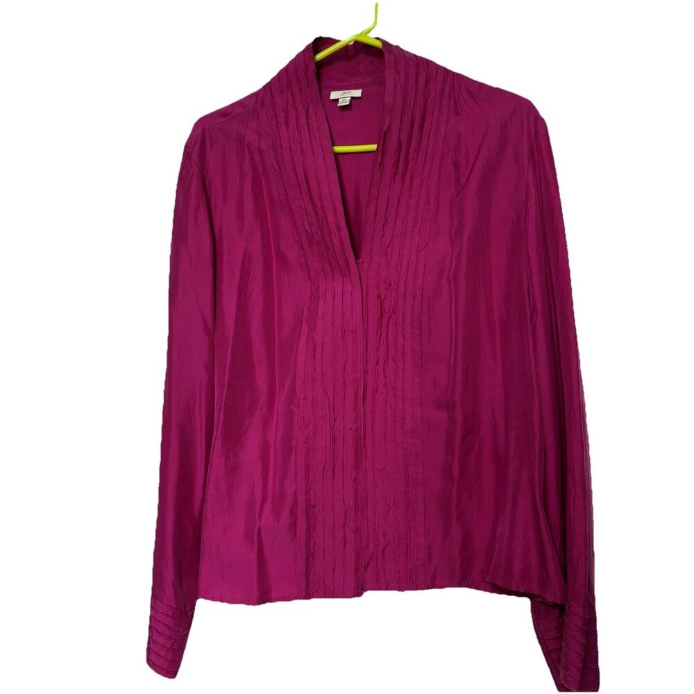 J Jill Top Womens Hot Pink Silk Snap Front Peplum Hem Classic XL Pin-tucked